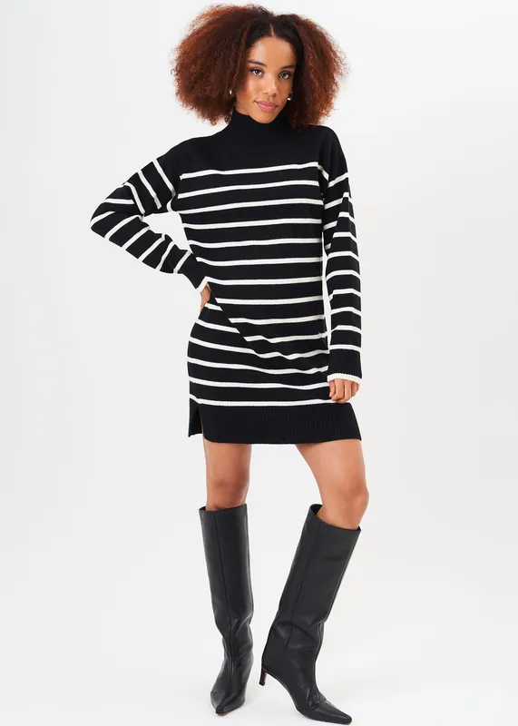 Black High Neck Stripe Oversized Tunic Dress - Gini London