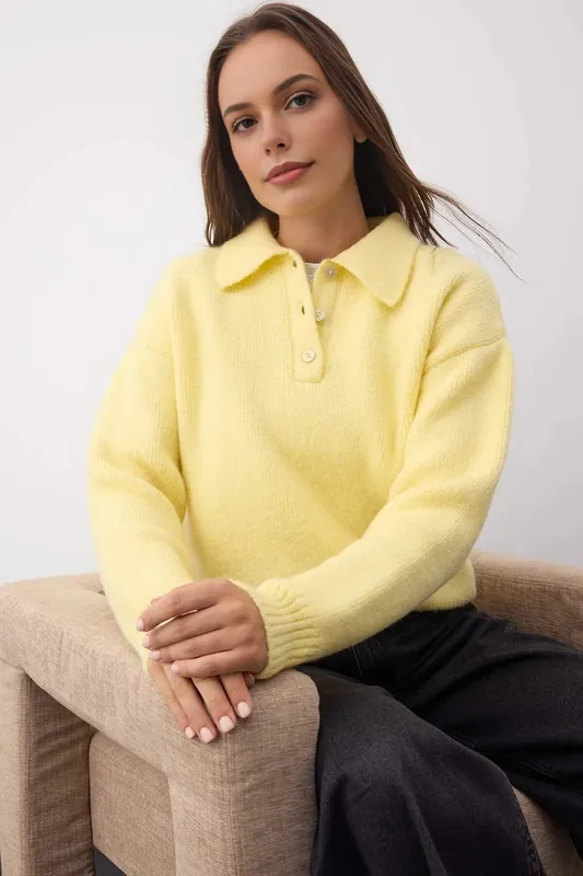 Loose Fit Special Yarn Knit Sweater with Button Collar - WOVCOR