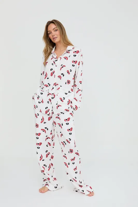 Evie Long Sleeve Poppy Print Pyjama Set In Cream - Lily and Lionel
