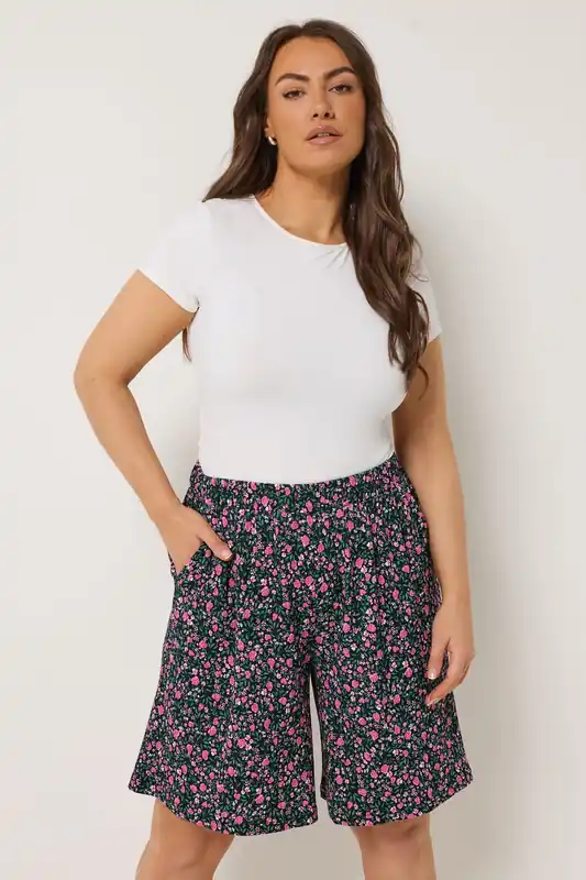 Floral Print Jersey Crinkle Shorts - Yours