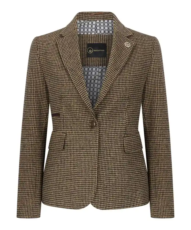 Blazer Wool Blend Brown Tweed Dogtooth Tailored Fit Jacket - TruClothing