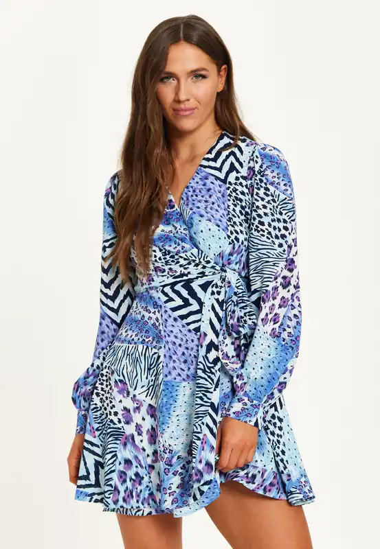 Mixed Animal Print Mini Wrap Dress With Long Sleeves In Blue - Liquorish
