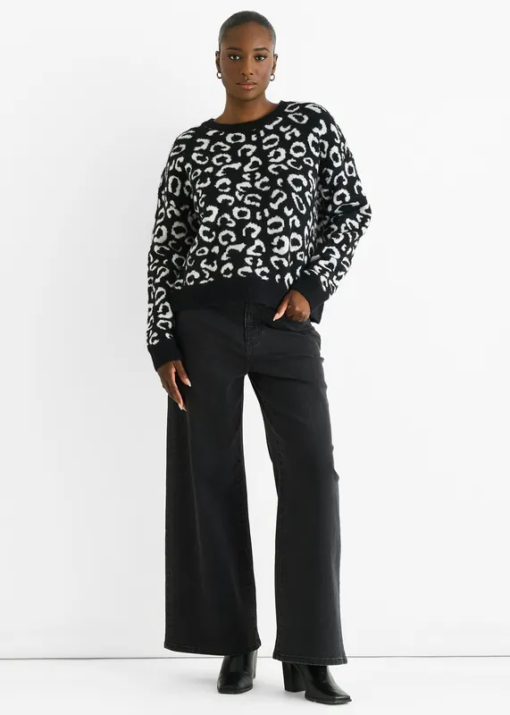 Black Animal Pattern loose Fit Knit Jumper - Gini London