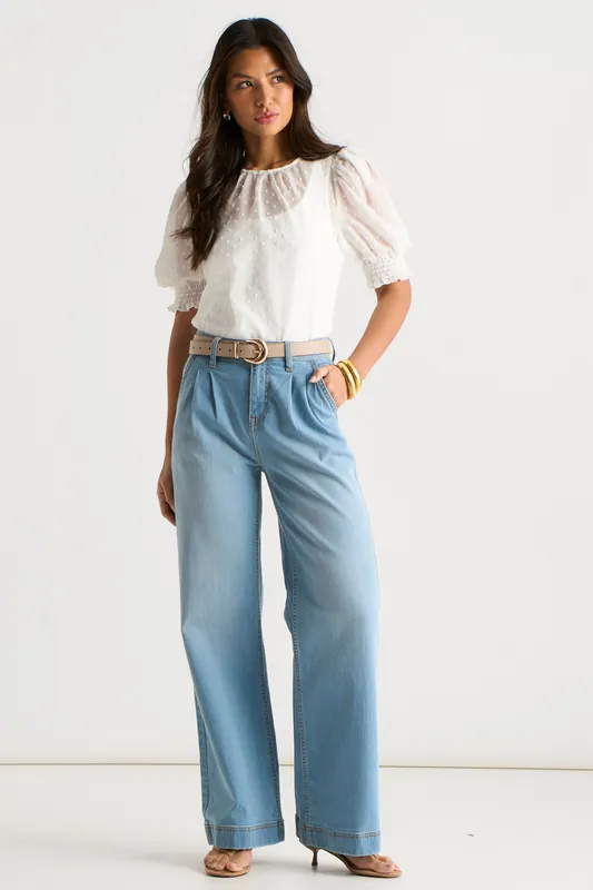 Light Blue Pleat Wide Leg Jean - Gini London