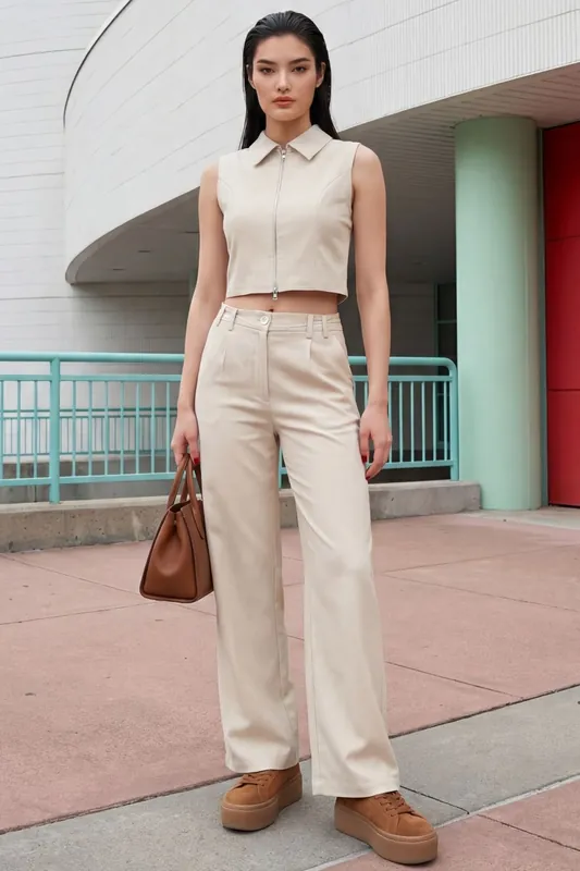 Sleeveless Zippered Vest & Wide Leg Pants Two-Piece Coord Set