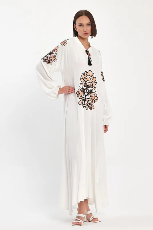 Embroidered Maxi Dress with Tie Neck Detail in White - Belissh
