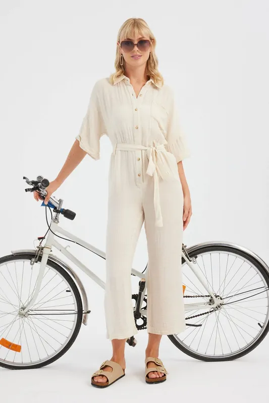 Shirt Collar Pocket Straight Leg Muslin Jumpsuit with a Belt Detail - Hiccup