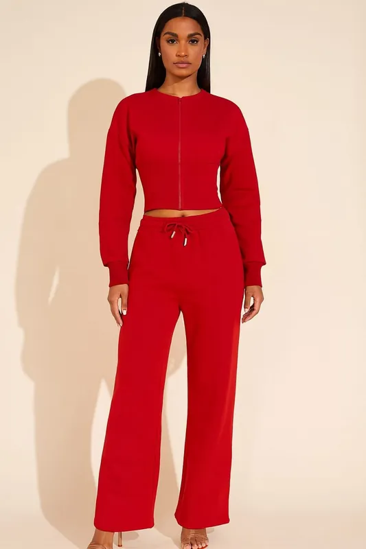Cropped Zip Up Sweatshirt and Wide Leg Trouser Tracksuit - STYLEWISE