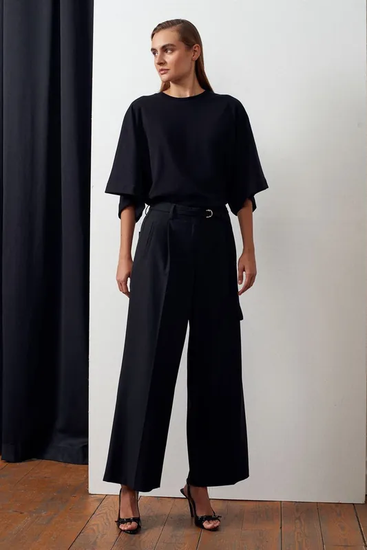 Wide-leg Belted Crepe Trousers