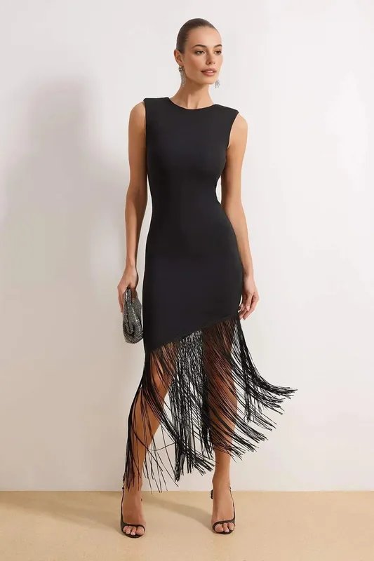 Fringe Hem Sleeveless Bodycon Midi Evening Dress - WOVCOR