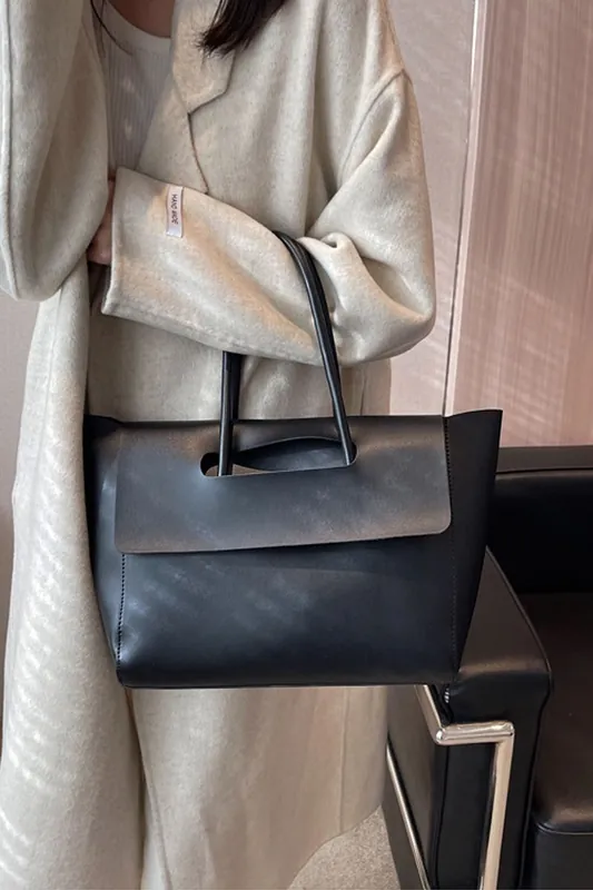 'Indie' Faux Leather Flap Over Handle Shoulder Tote Bag - XY London