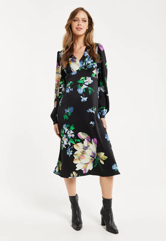 Elegant Floral Print Midi Dress In Black - Liquorish