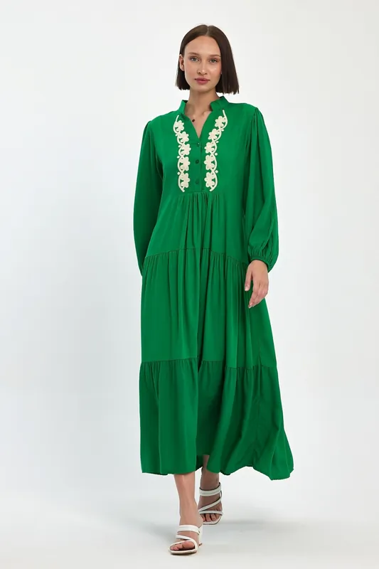 Embroidered Front Tiered Midi Dress in Green - Belissh