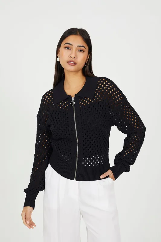 Crochet Knit Zip Through Cardigan - Brave Soul