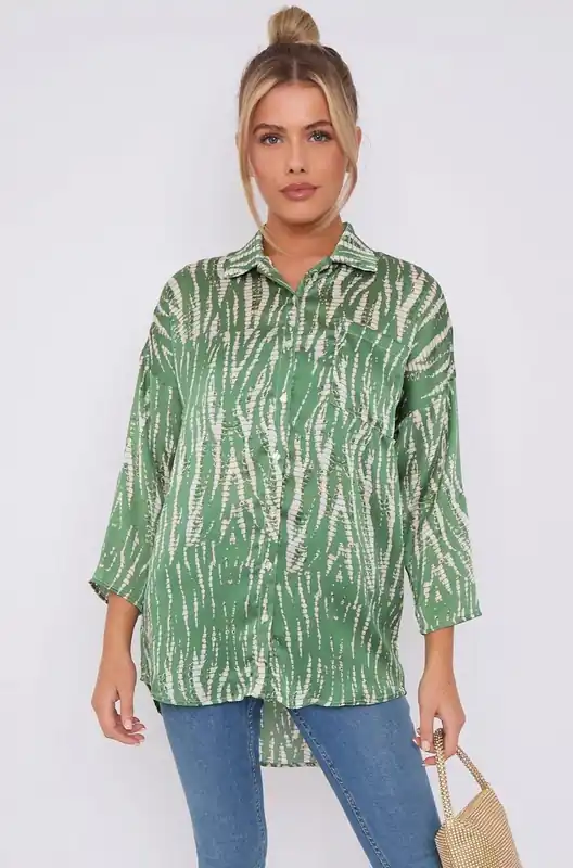 Green Tie Dye Print Satin Oversized Shirt - Love Sunshine