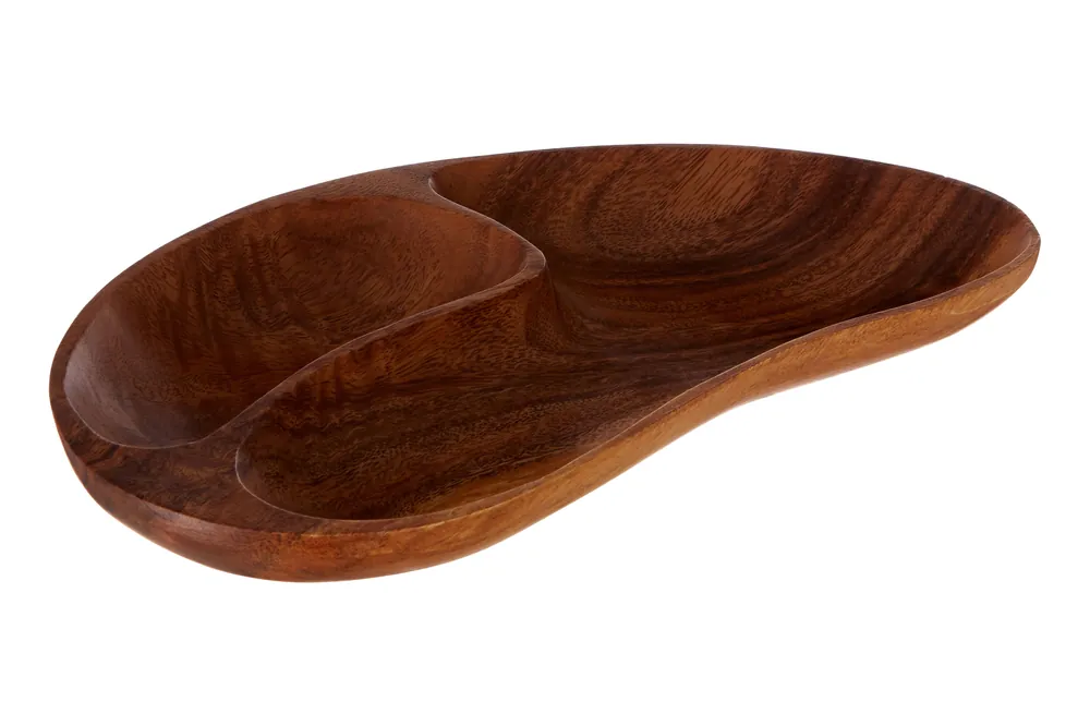 Acacia Two Section Bean Shaped Dish, Hand Carved Wooden Divided Serving Tray, Rustic Wooden Snack Platter - Orsina