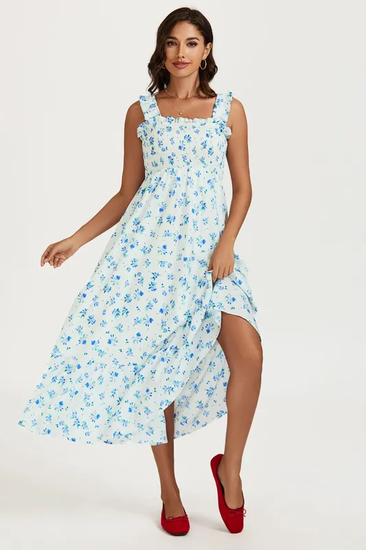 Floral Print Hem Detail Maxi Dress In White - FS Collection