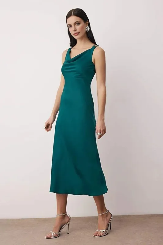 Satin Midi Evening Dress with Draped Neckline and Embellished Strap - WOVCOR