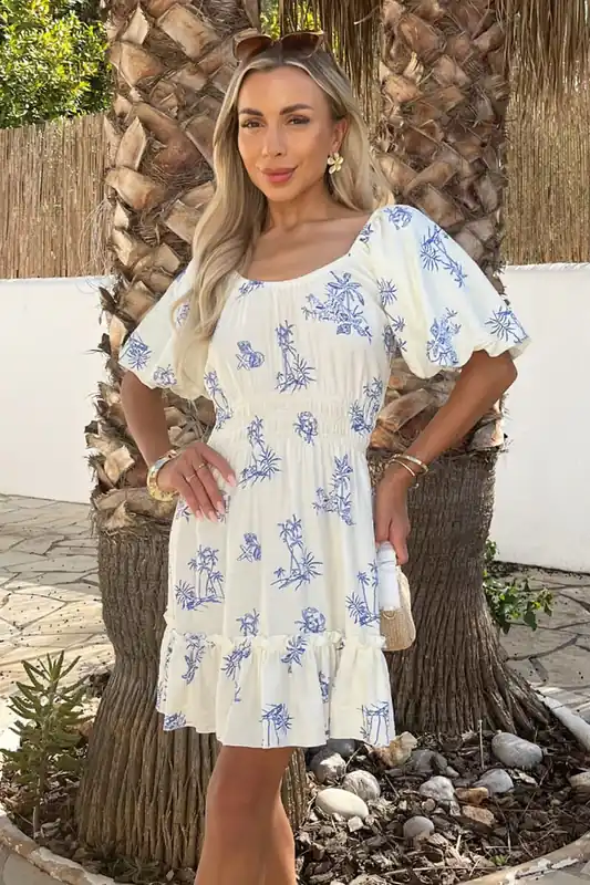 Blue And Cream Beach Print Frill Hem Mini Dress - AX Paris