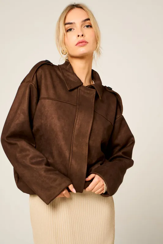 Faux Suede Zip Up Bomber Jacket - Femme Luxe