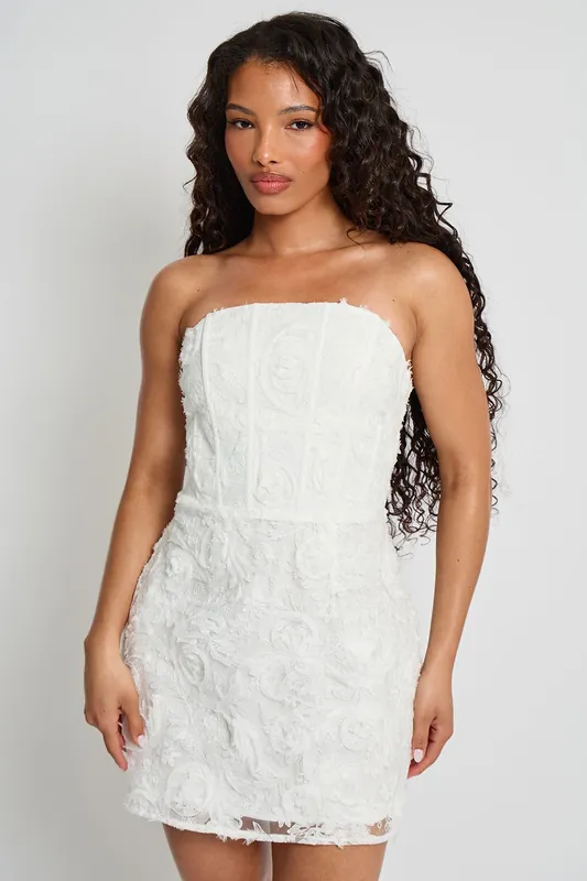 Lace Up Corset Bodice Textured White Mini Dress - Public Desire