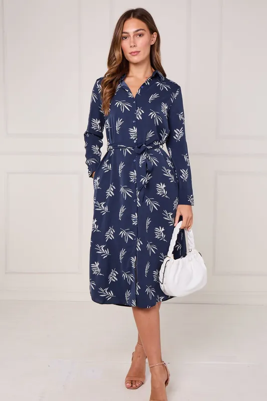 Navy Stitched Leaf Print Midi Shirt Dress - Love Sunshine