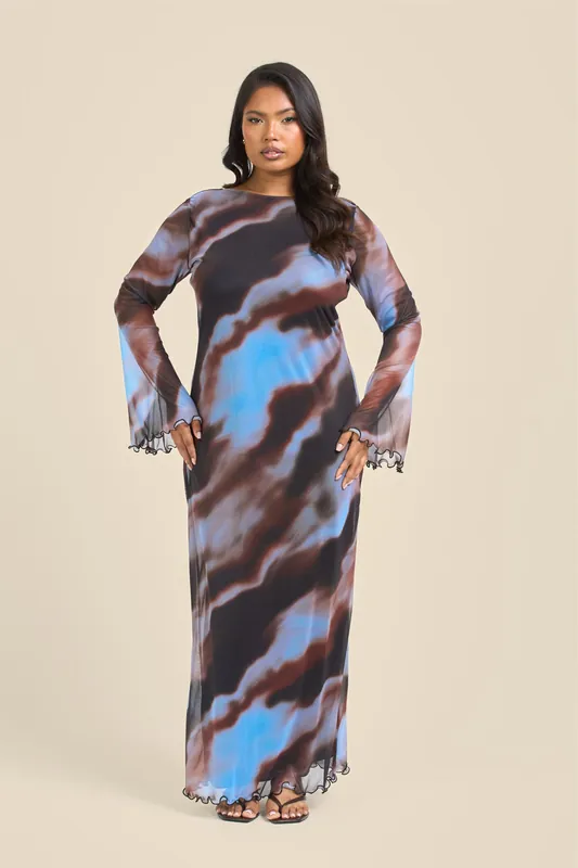 Curve Blue Abstract Print Flare Sleeve Mesh Maxi Dress - FASHION-SZN