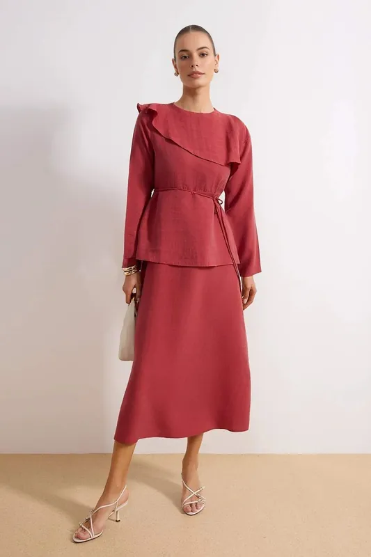 Belted Ruffle Detail Long Sleeve Midi Dress with Layered Fit - WOVCOR