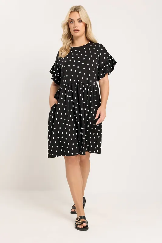 Polka Dot Frill Sleeve Tunic Dress - Yours