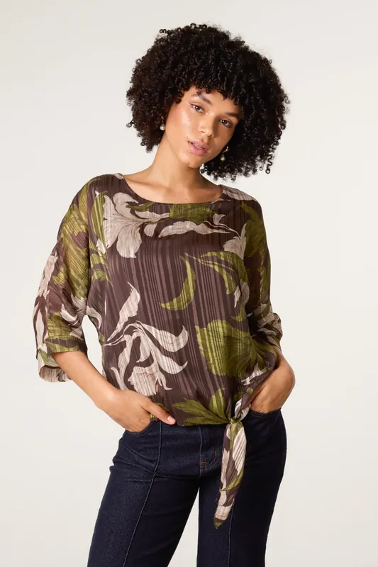 Brown Tie Knit Metallic Chiffon Top - Blue Vanilla