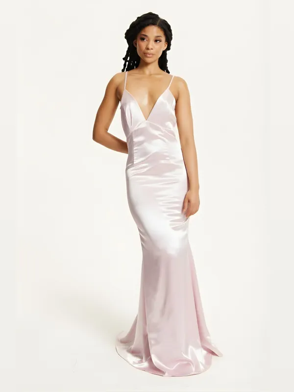 Pink Satin Plunge Maxi Dress - Liquorish