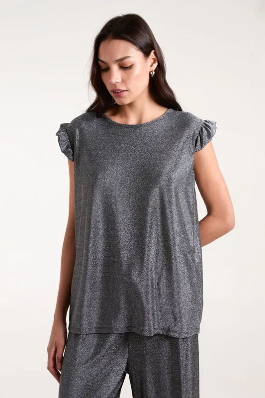 Frill Sleeve Metallic Top - Blue Vanilla