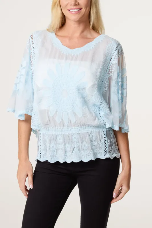 Light Blue Sun Flower Lace Sleeve Blouse - Blue Vanilla