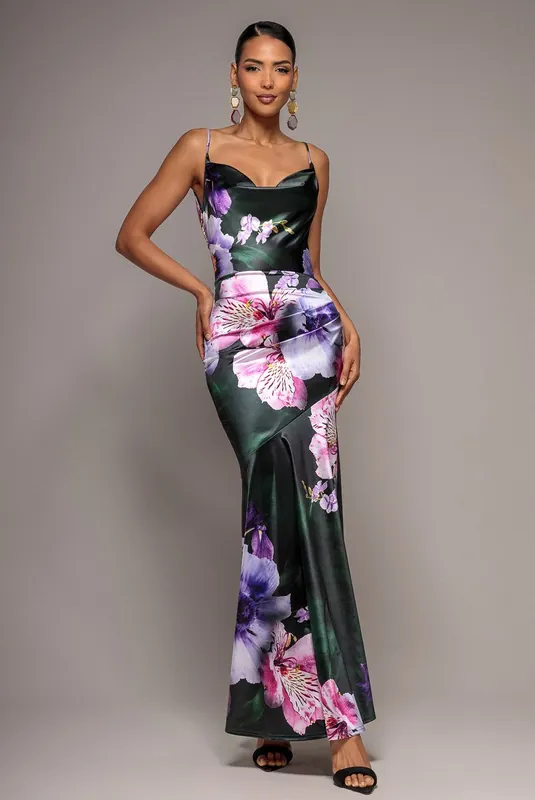 Floral Print Satin Cowl Neck Maxi Dress - Goddiva