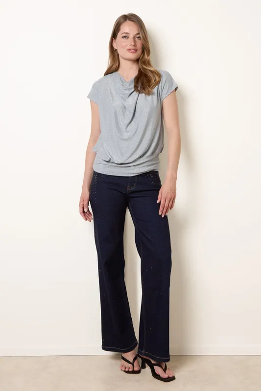 Blue Metallic Cowl Neck Draped Top - Blue Vanilla