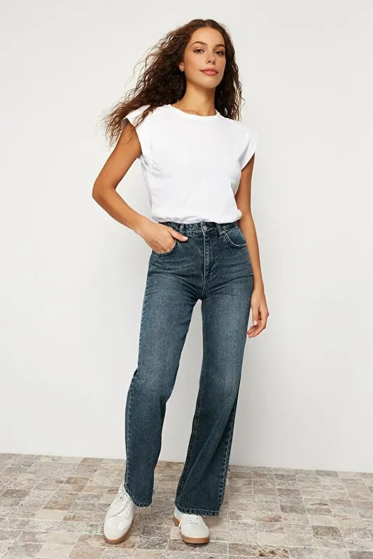 Faded Effect Vintage High Waist Wide Leg Jeans - WOVCOR