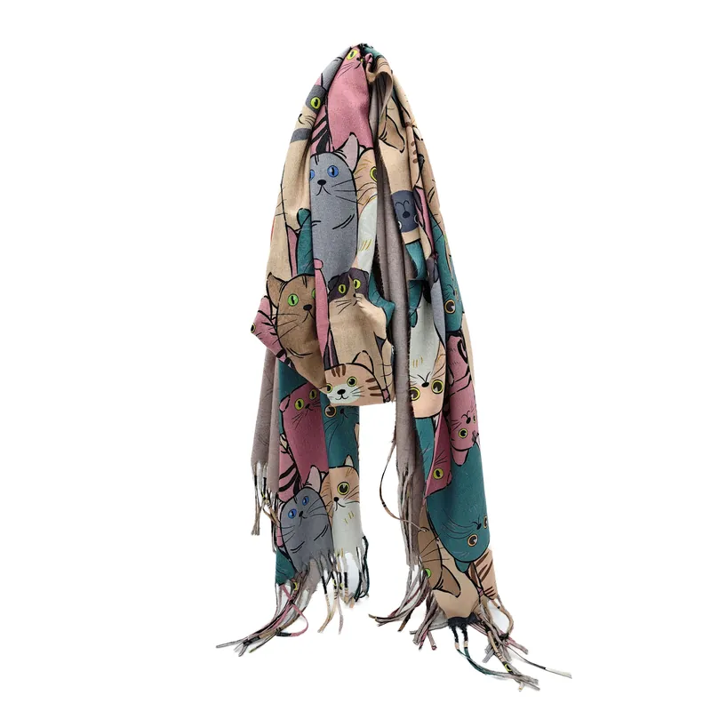 Bright Colour Whimsical Cat Themed Soft Cashmere Blend Scarf - Kitise