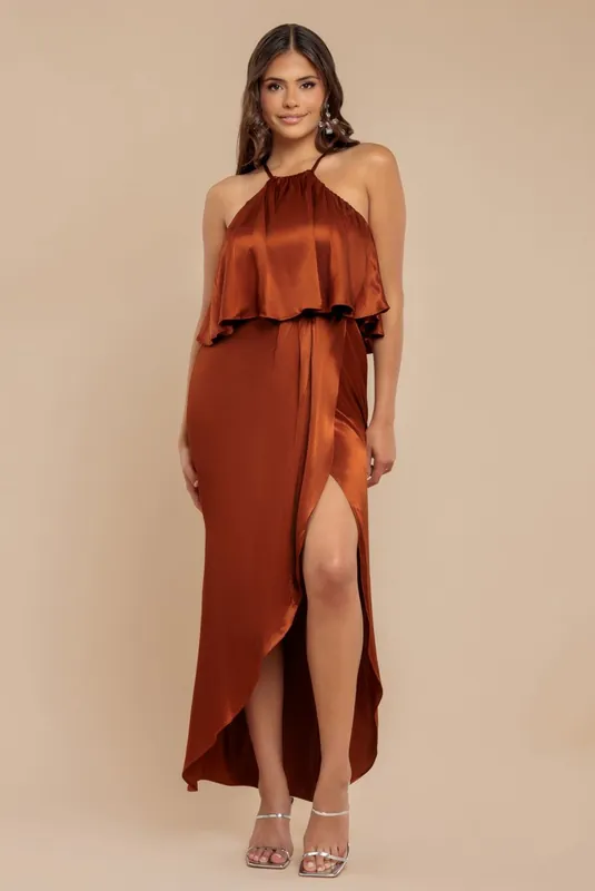 Satin Viscose Front Wrap Midaxi Dress - Goddiva