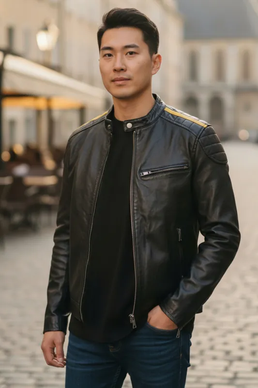 Quilted Yellow Strip Leather Biker Jacket - Rider