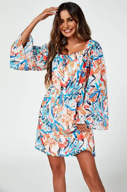 Flute Sleeve Bardot Dress With Tie Detail In Orange - FS Collection