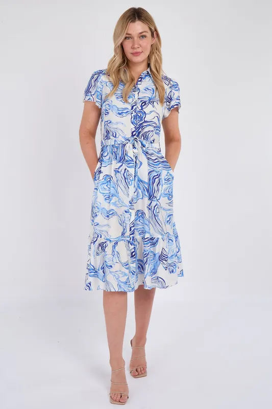 Blue Swirl Print Frilled Hem Midi Dress - Love Sunshine