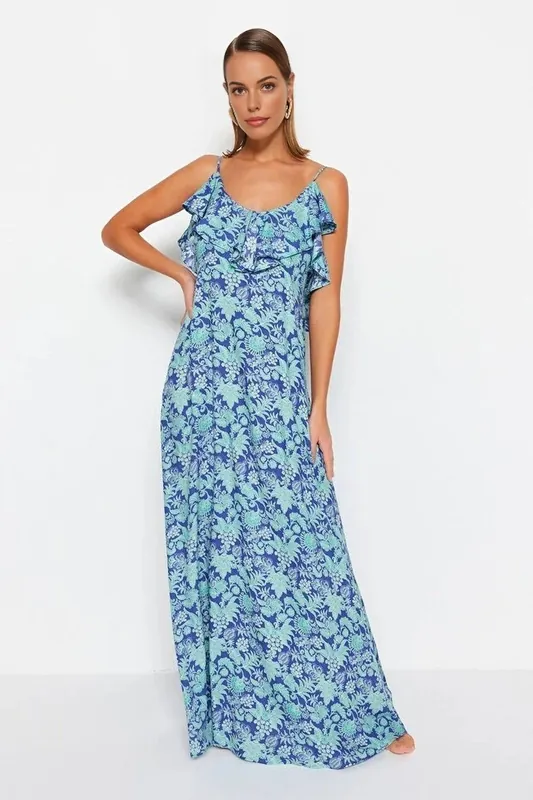 Ruffle Strap Maxi Beach Dress with Flowy Silhouette - WOVCOR