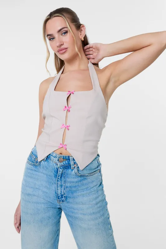 Stone Halter Neck Top With Bows - Pink Vanilla