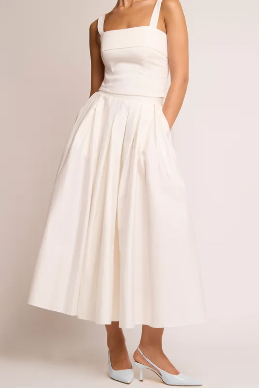 Daisy White Box Pleat Cotton Maxi Skater Skirt - Jaded Rose