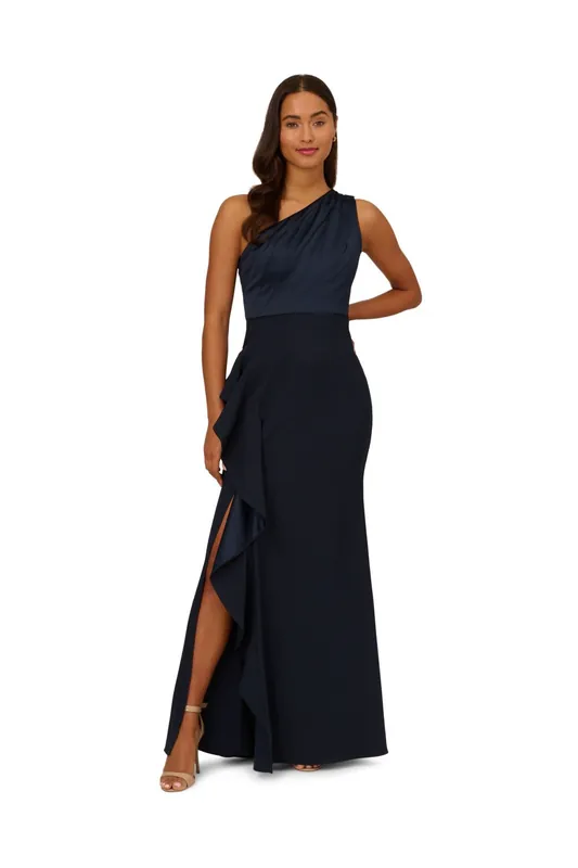 One Shoulder Satin Crepe Gown - Adrianna Papell
