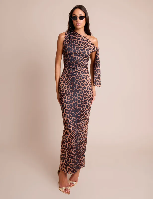 Knot Detail Asymmetric One Shoulder Luxe Slinky Maxi Dress Leopard - Public Desire