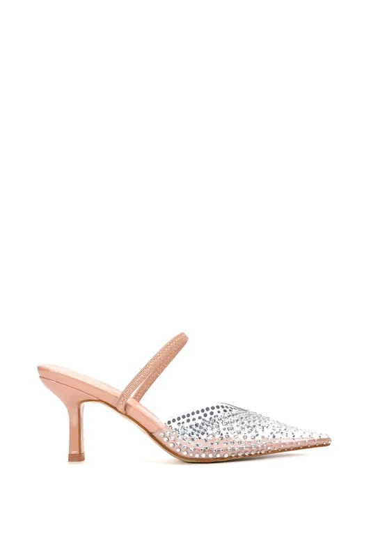 Tia' Clear Perspex Stiletto Heel Pointed Mules With Crystals - XY London