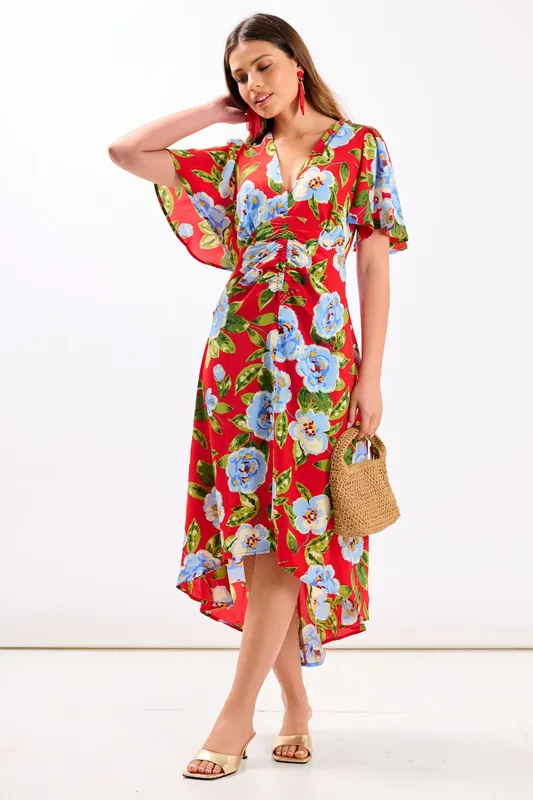 Red Oversize Floral Ruche Midi Dress - Needs No Label