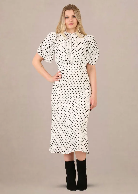 WHITE VINTAGE-INSPIRED PUFF SLEEVES POLKA DOT MIDI DRESS