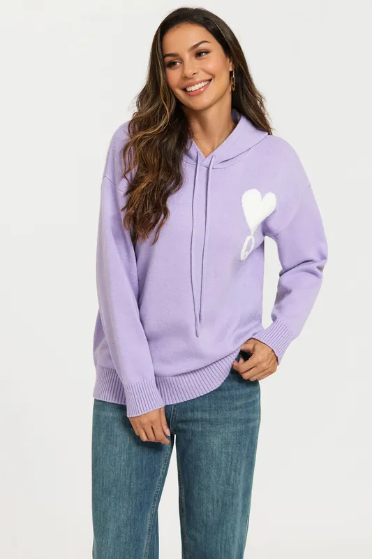 Heart & Q Pattern Knitted Hoodie In Purple - FS Collection